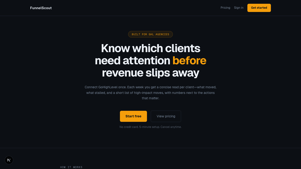 Landing page positioning the product around weekly analysis and usage-aware billing.