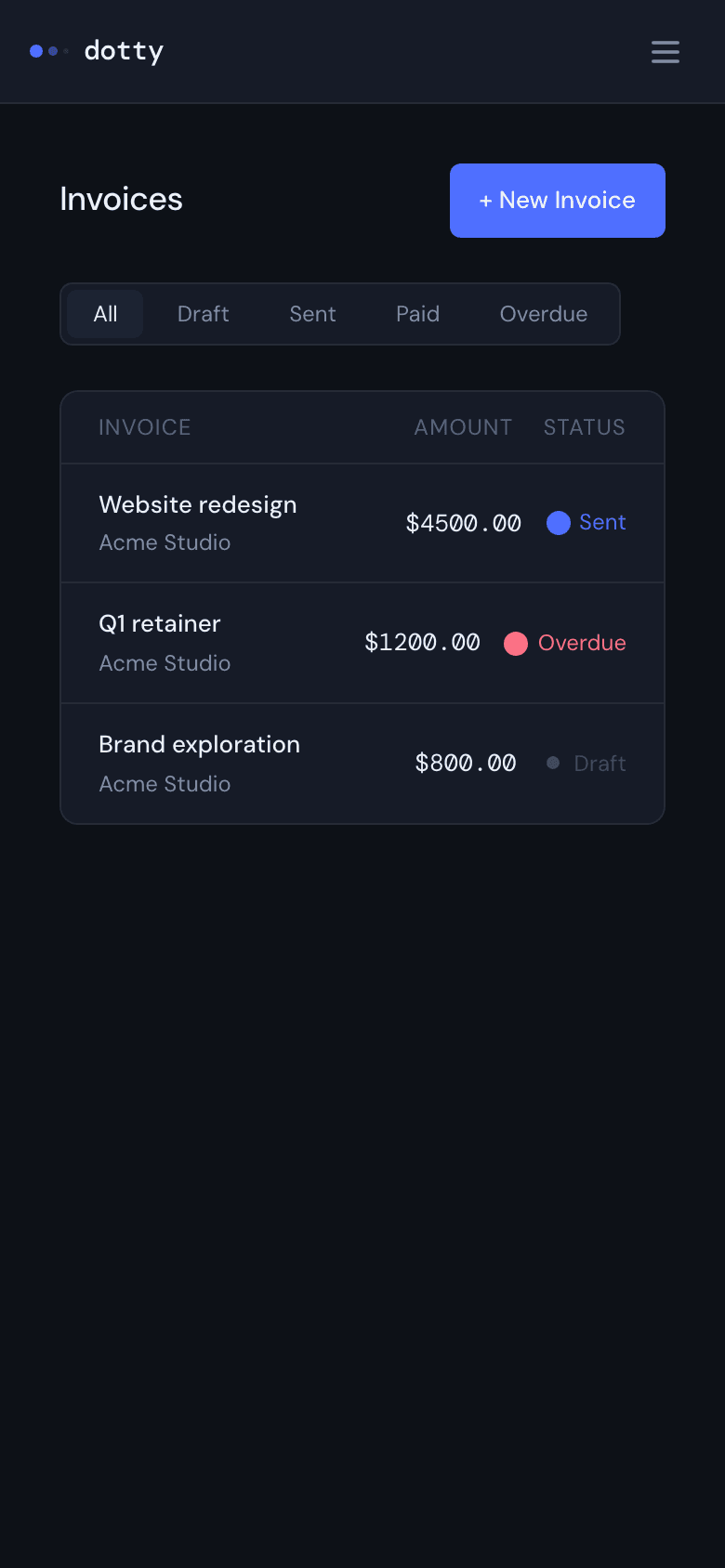 Invoices list on mobile