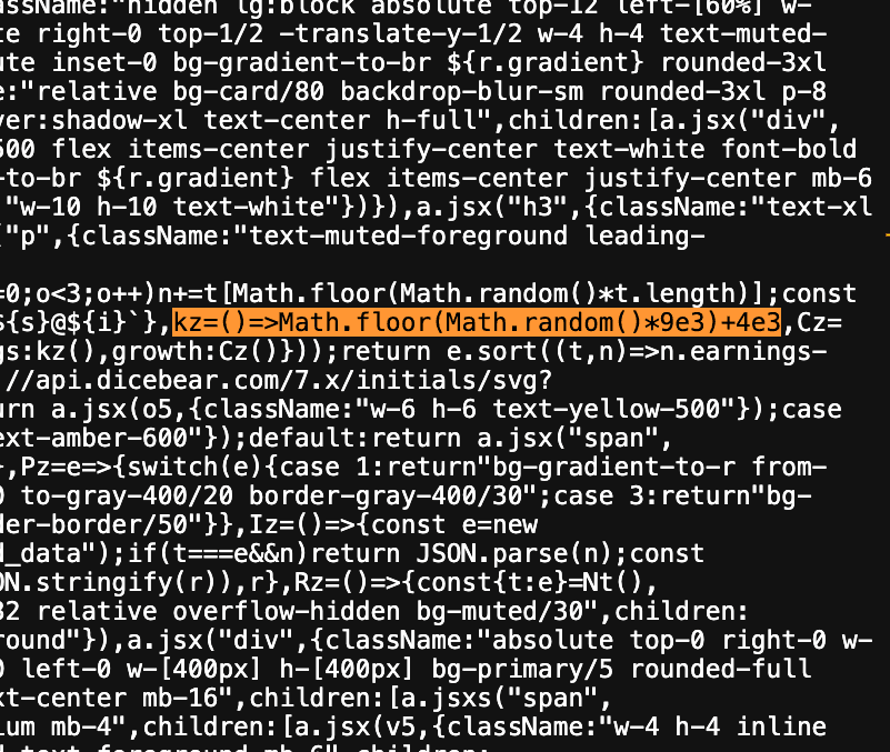 Screenshot of minified DramaCPS JavaScript with the random earnings function highlighted in orange.